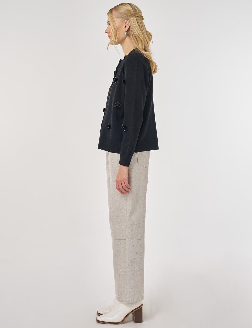 Floral Embroidered Viscose Knit Cardigan in Black