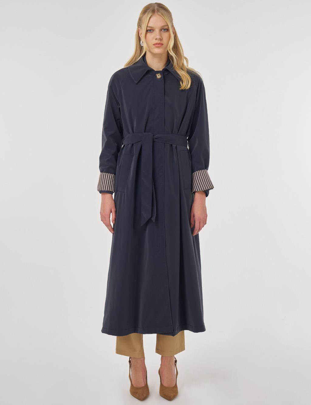 Reglan Kol Kuşaklı Pardesü Koyu Lacivert