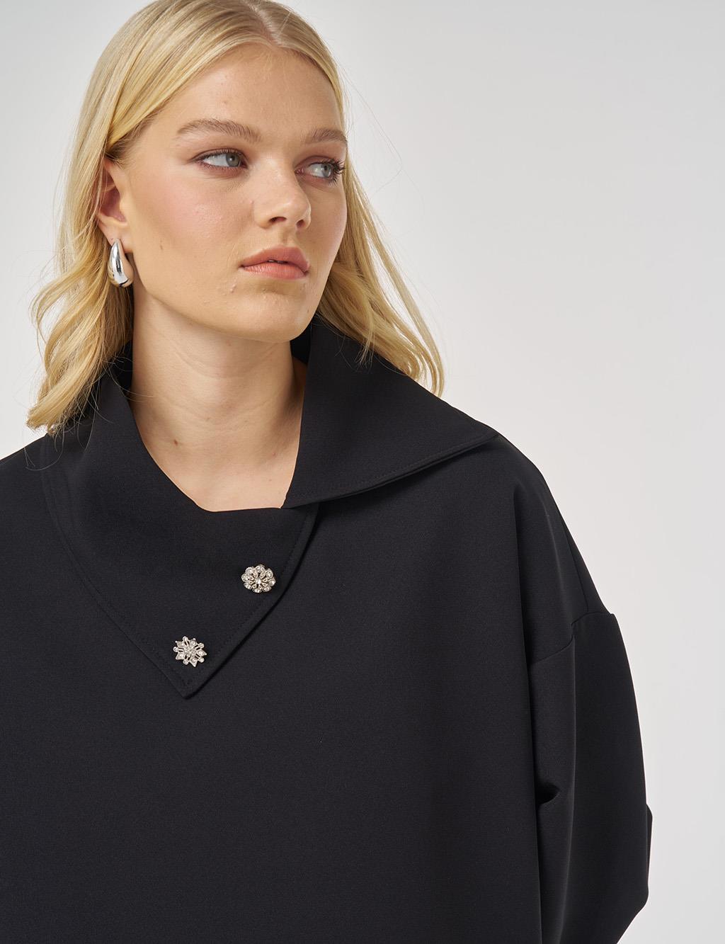 Düğme Detaylı Viskon Sweatshirt Siyah