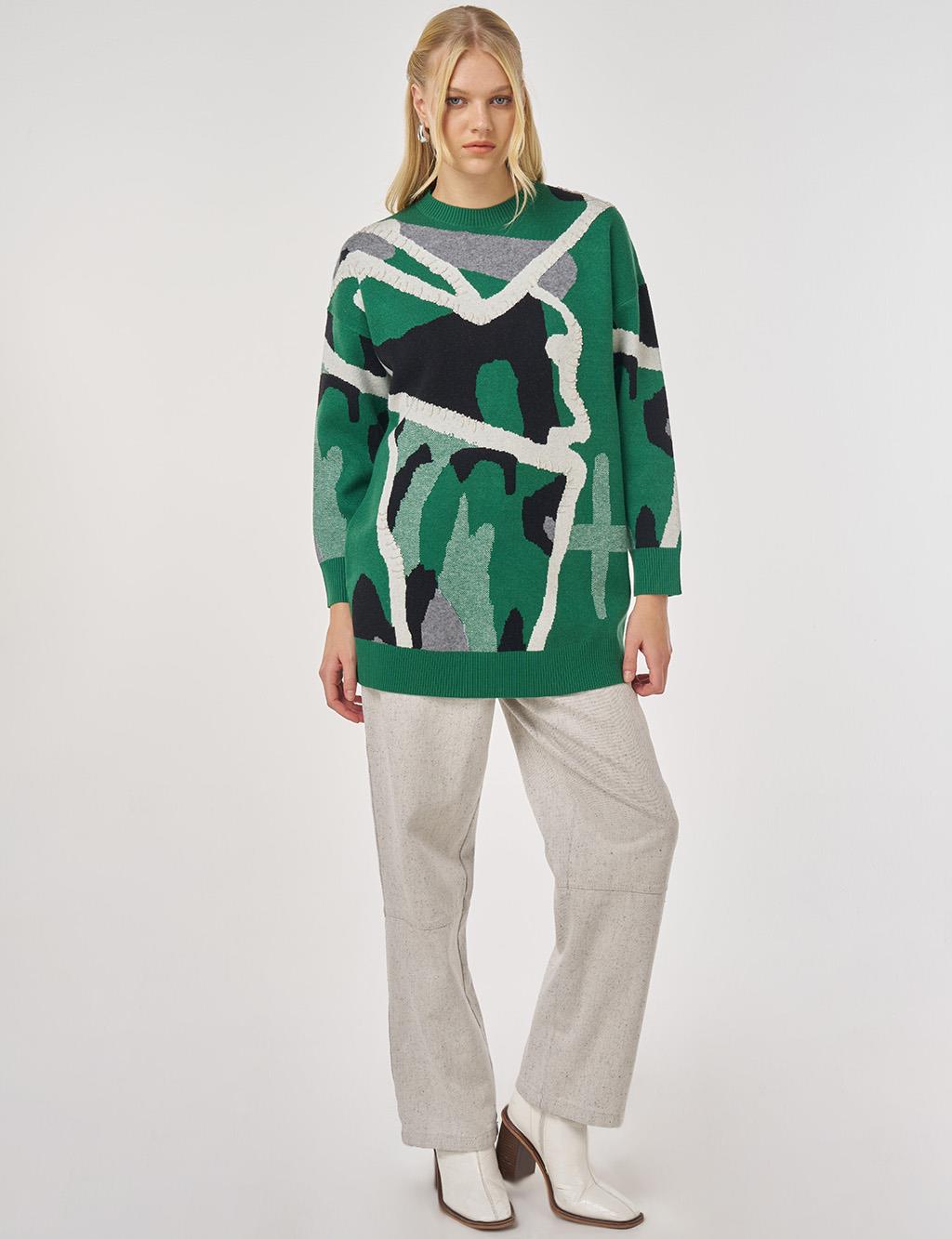 Abstract Patterned Viscose Knit Tunic in Forest Green