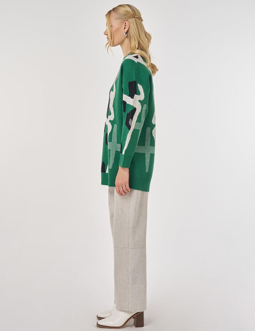 Abstract Patterned Viscose Knit Tunic in Forest Green