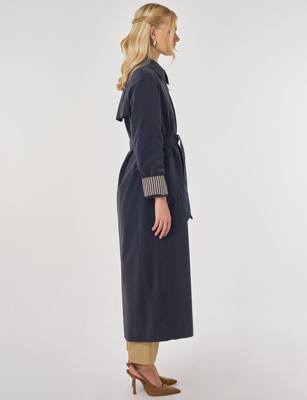 Reglan Kol Kuşaklı Pardesü Koyu Lacivert