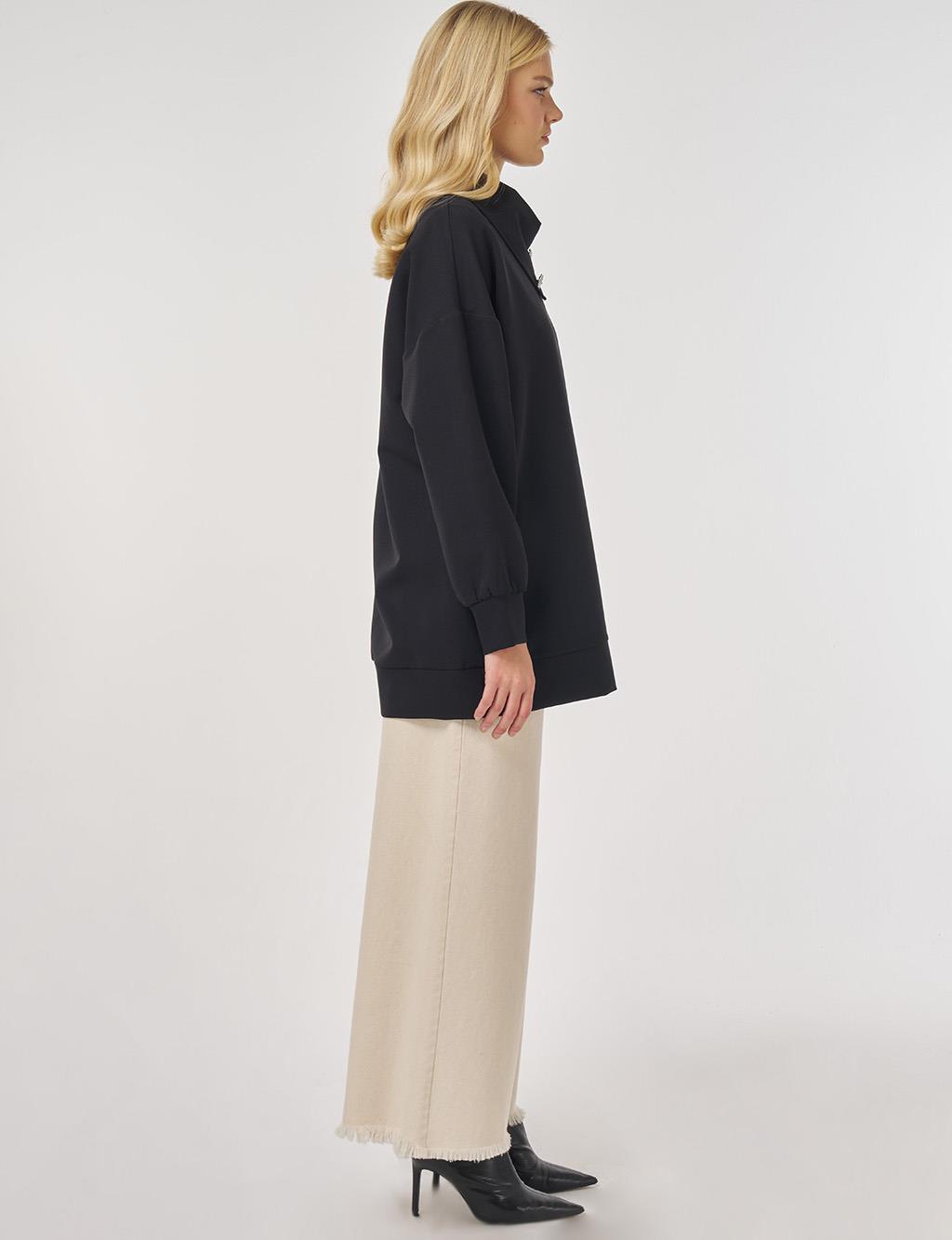 Düğme Detaylı Viskon Sweatshirt Siyah