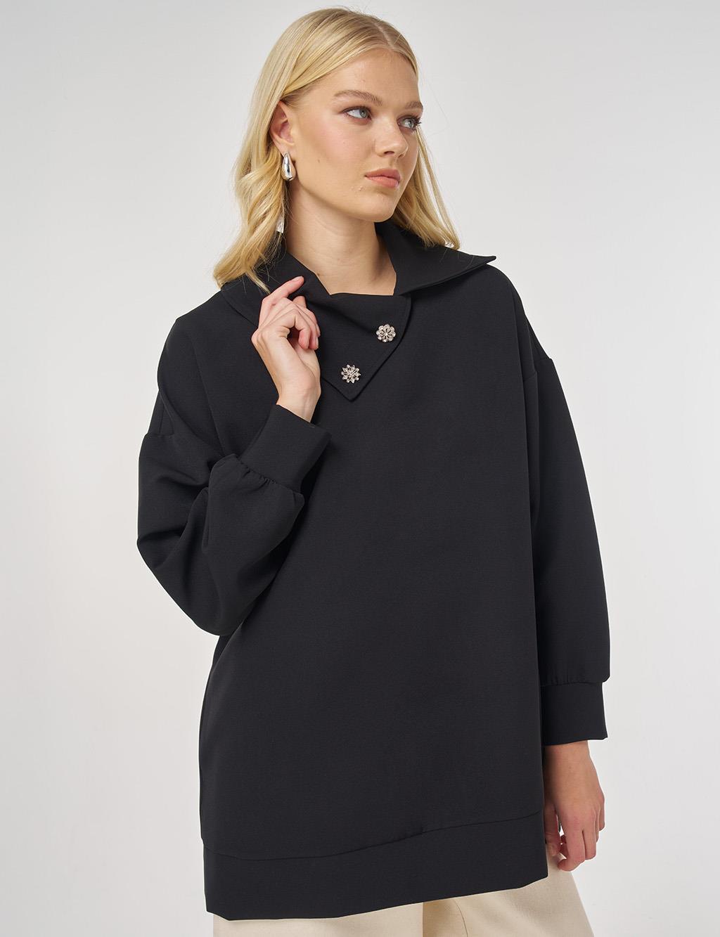 Düğme Detaylı Viskon Sweatshirt Siyah