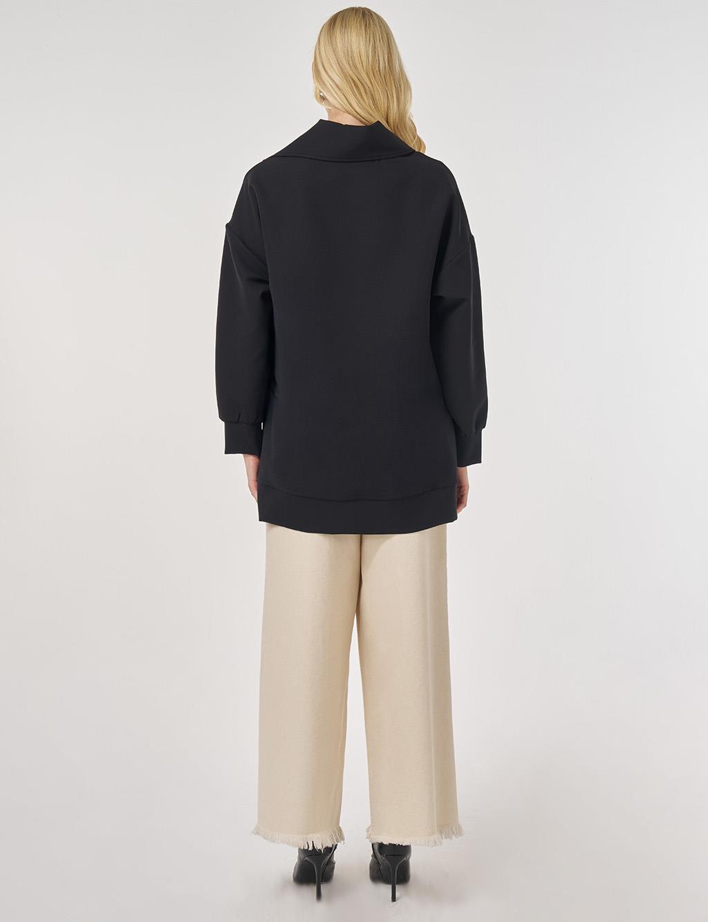 Düğme Detaylı Viskon Sweatshirt Siyah