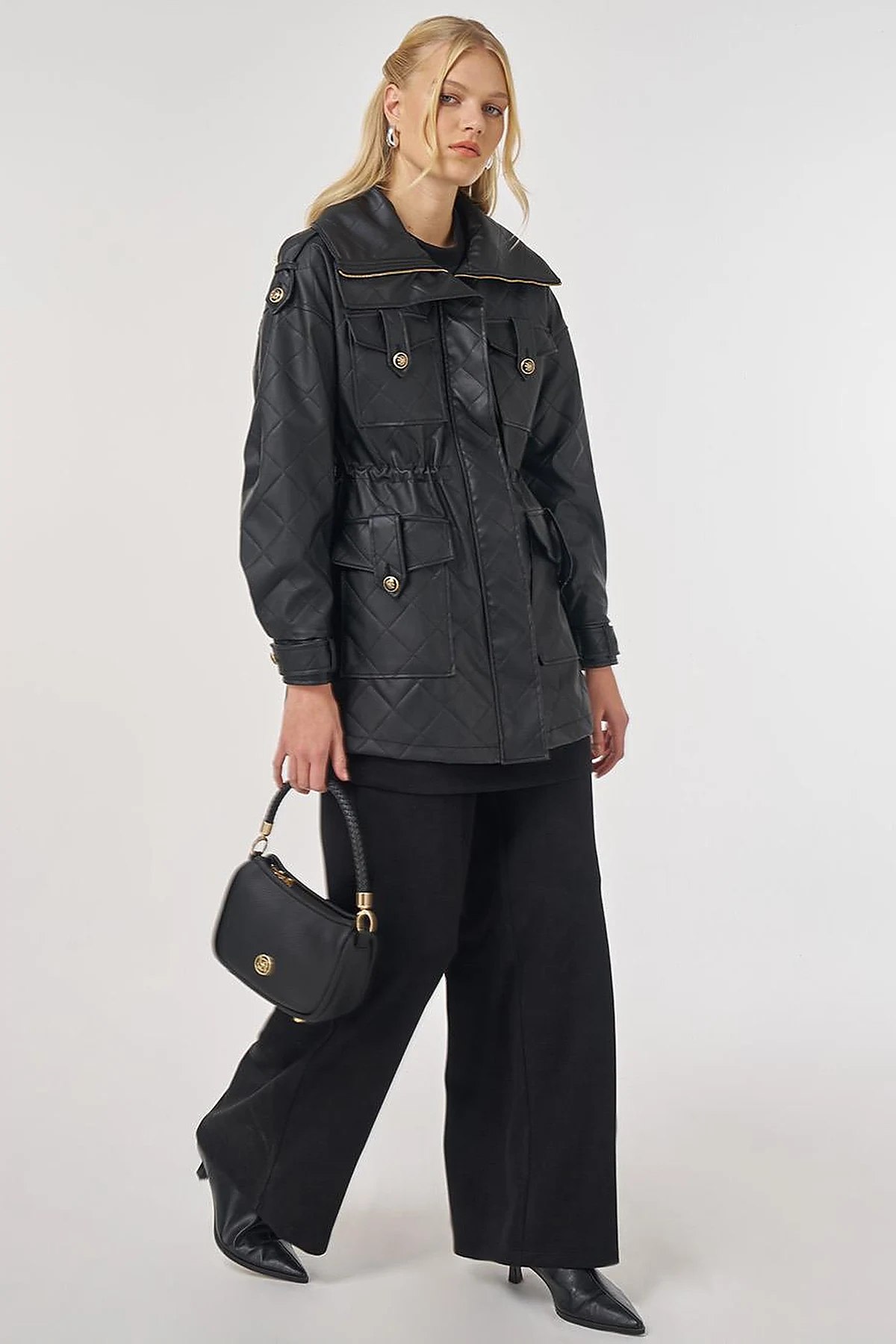 Wide Collar Faux Leather Jacket Black