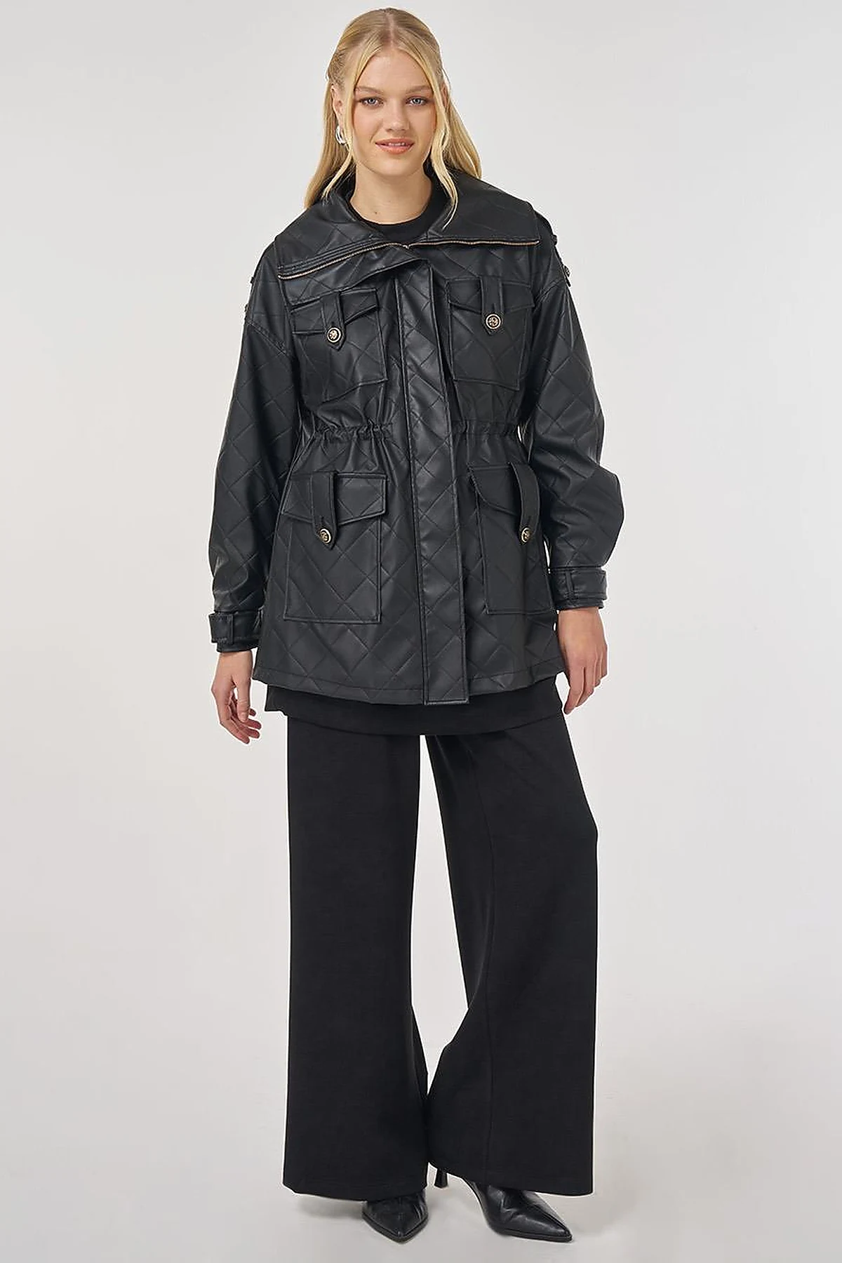 Wide Collar Faux Leather Jacket Black