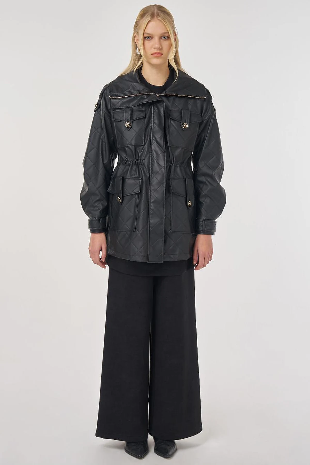 Wide Collar Faux Leather Jacket Black
