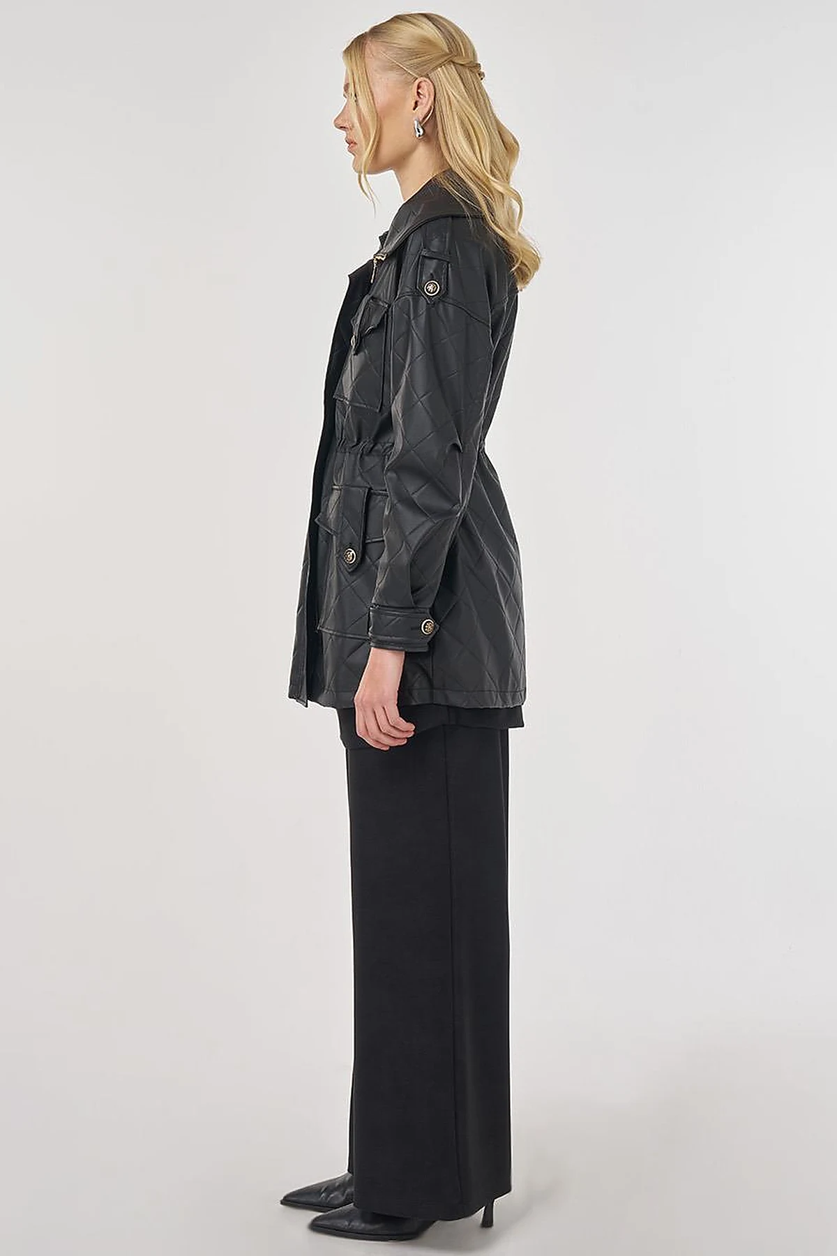Wide Collar Faux Leather Jacket Black