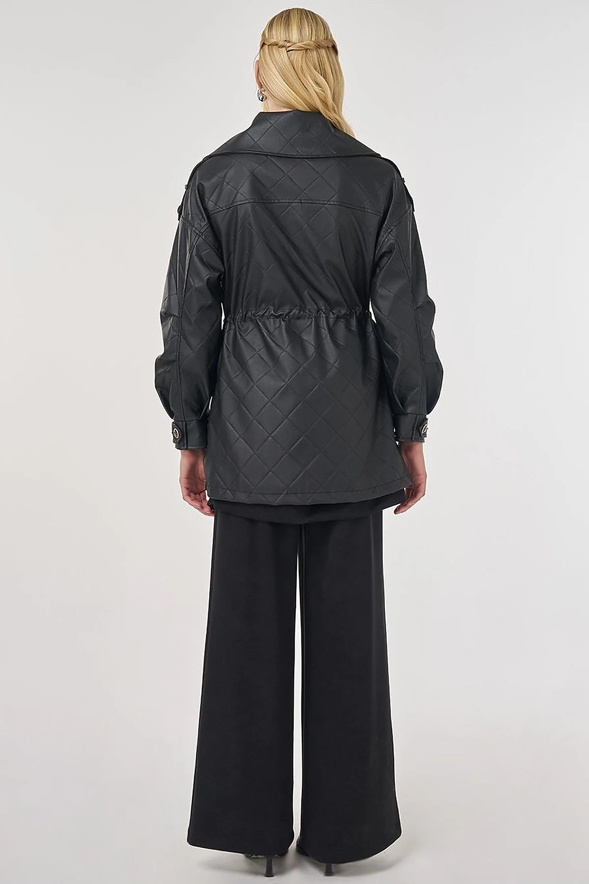 Wide Collar Faux Leather Jacket Black