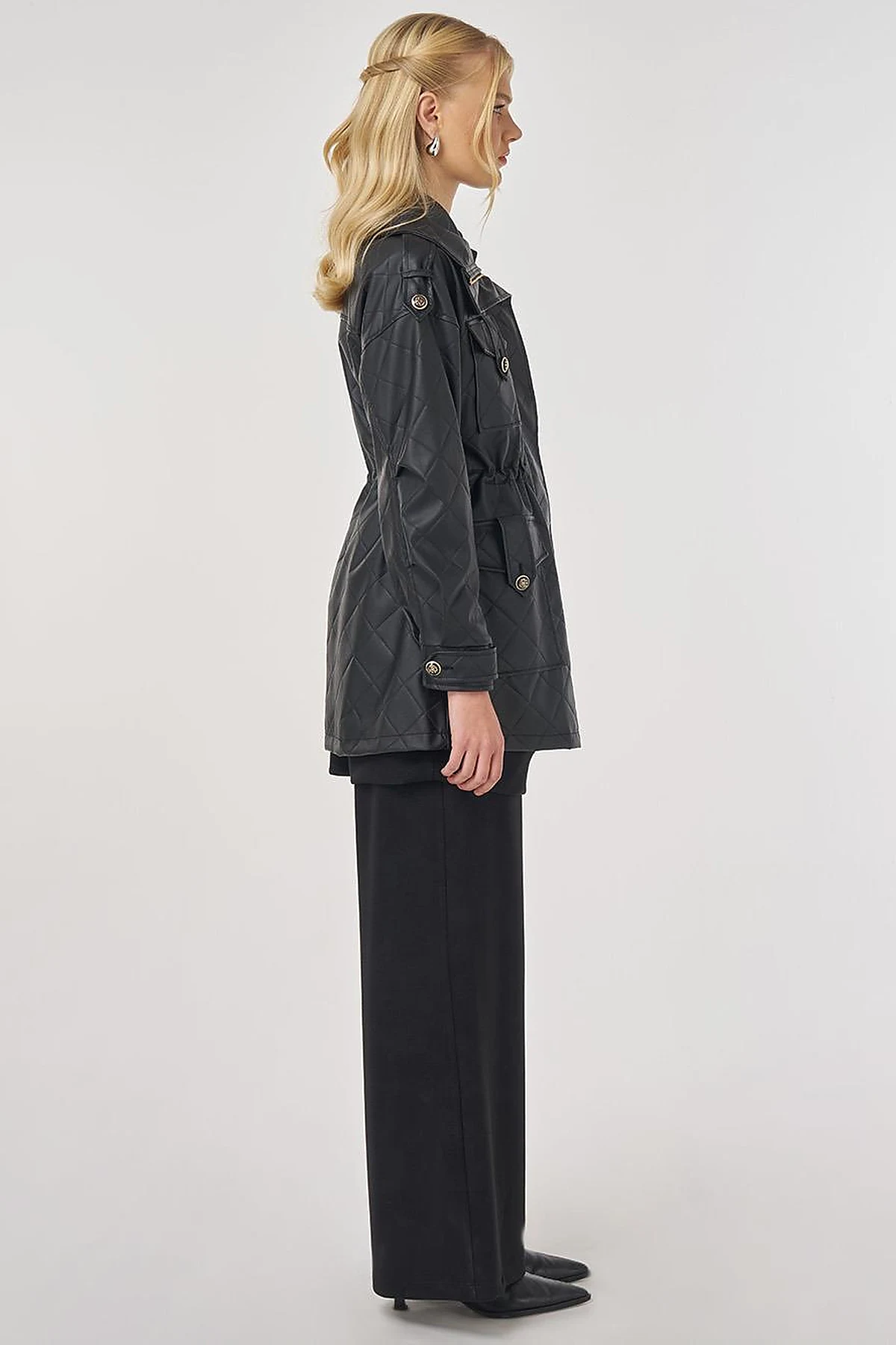 Wide Collar Faux Leather Jacket Black