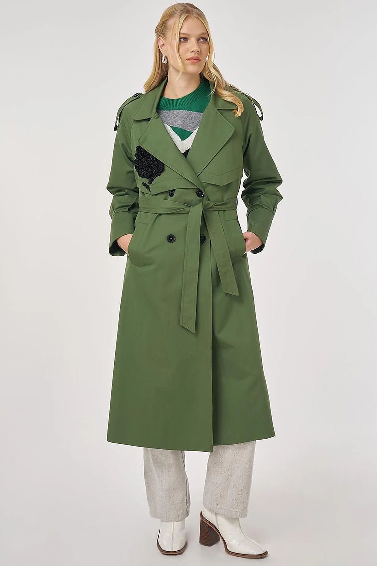 Embroidered Trench Coat Forest Green