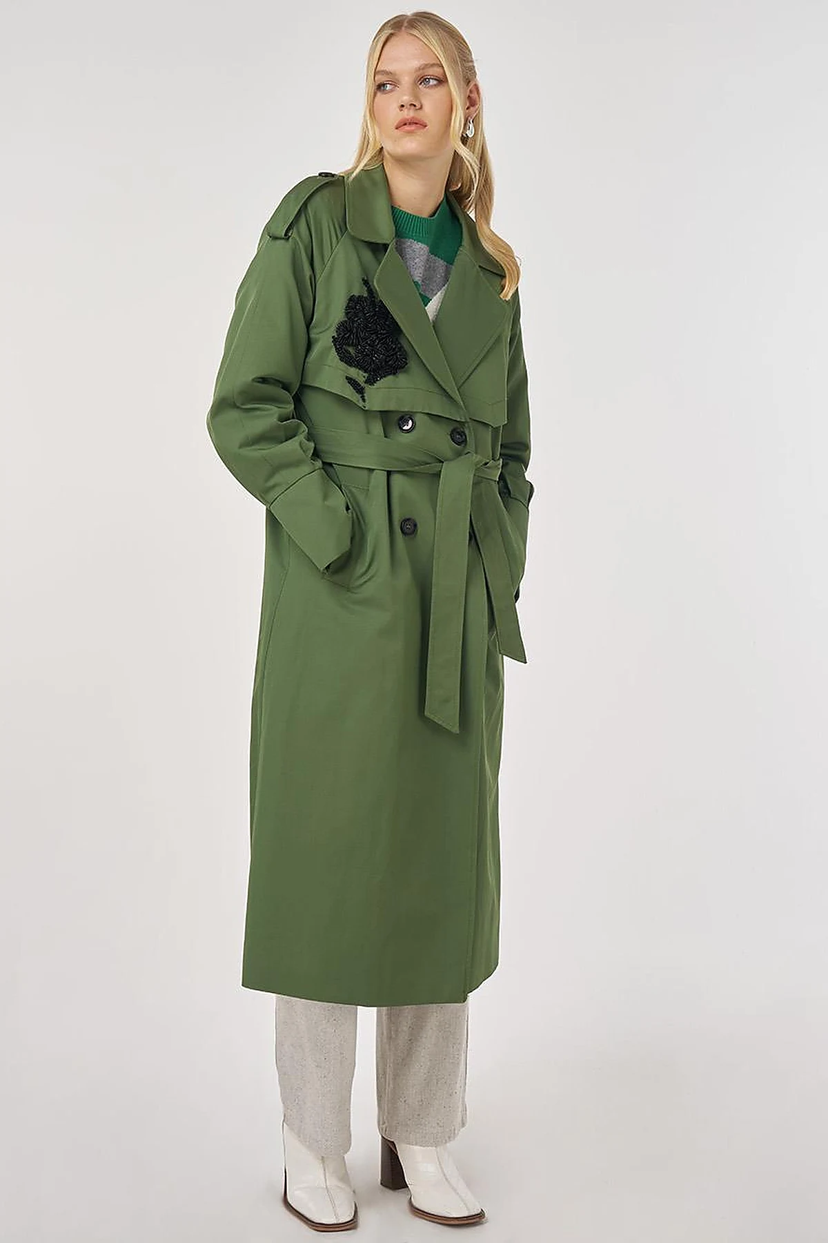 Embroidered Trench Coat Forest Green