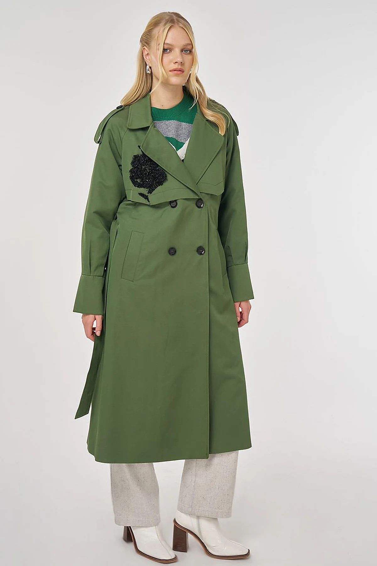 Embroidered Trench Coat Forest Green