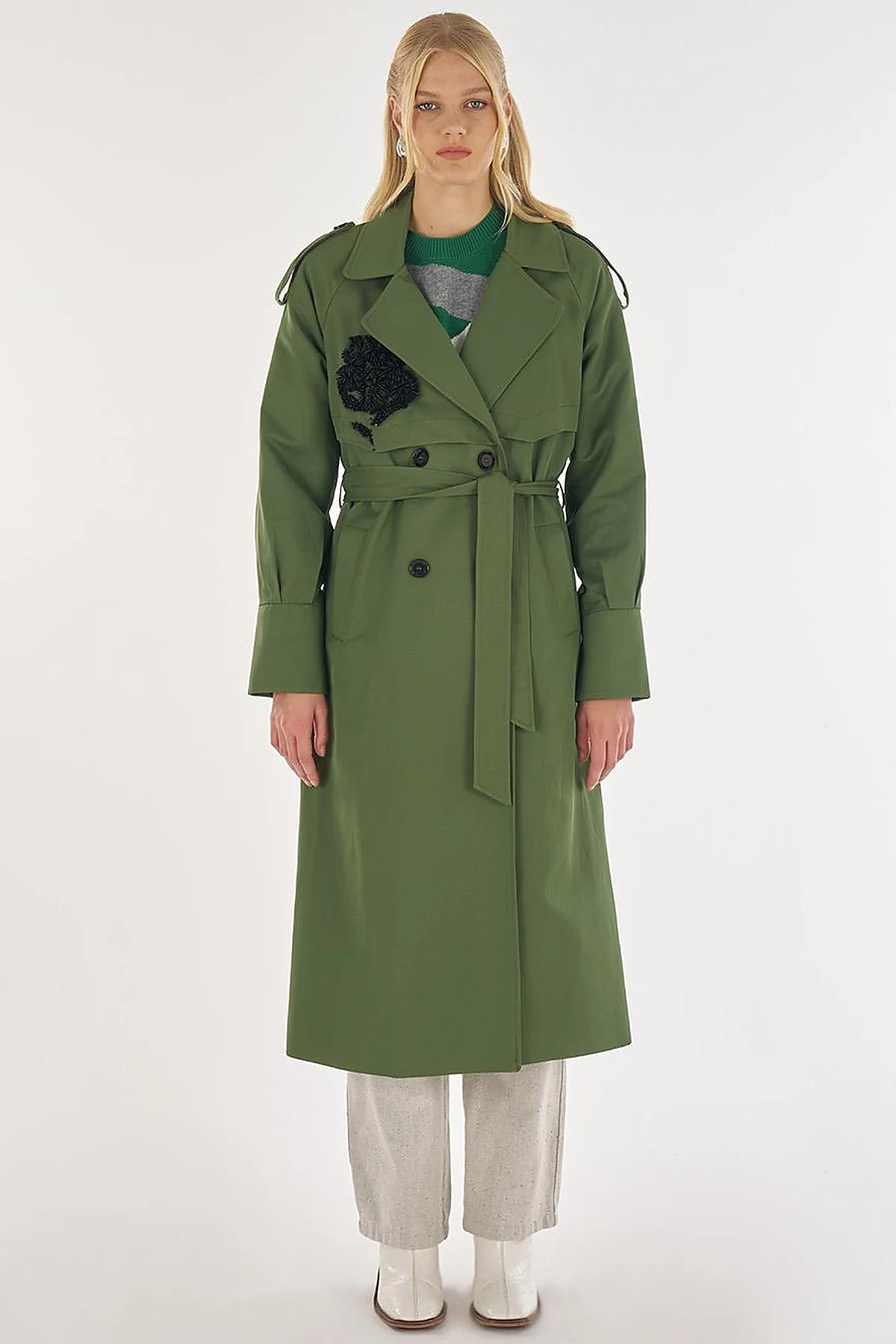 Embroidered Trench Coat Forest Green