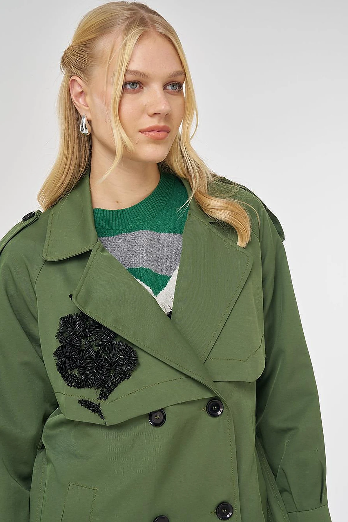 Embroidered Trench Coat Forest Green