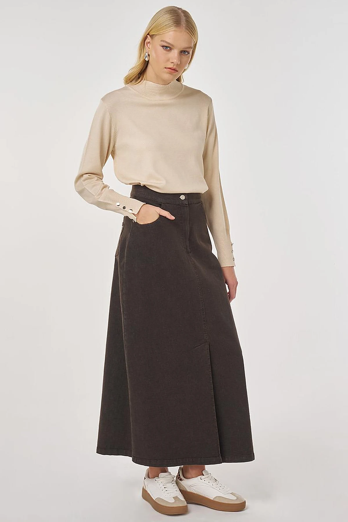 Slit Detailed Denim Skirt Dark Brown