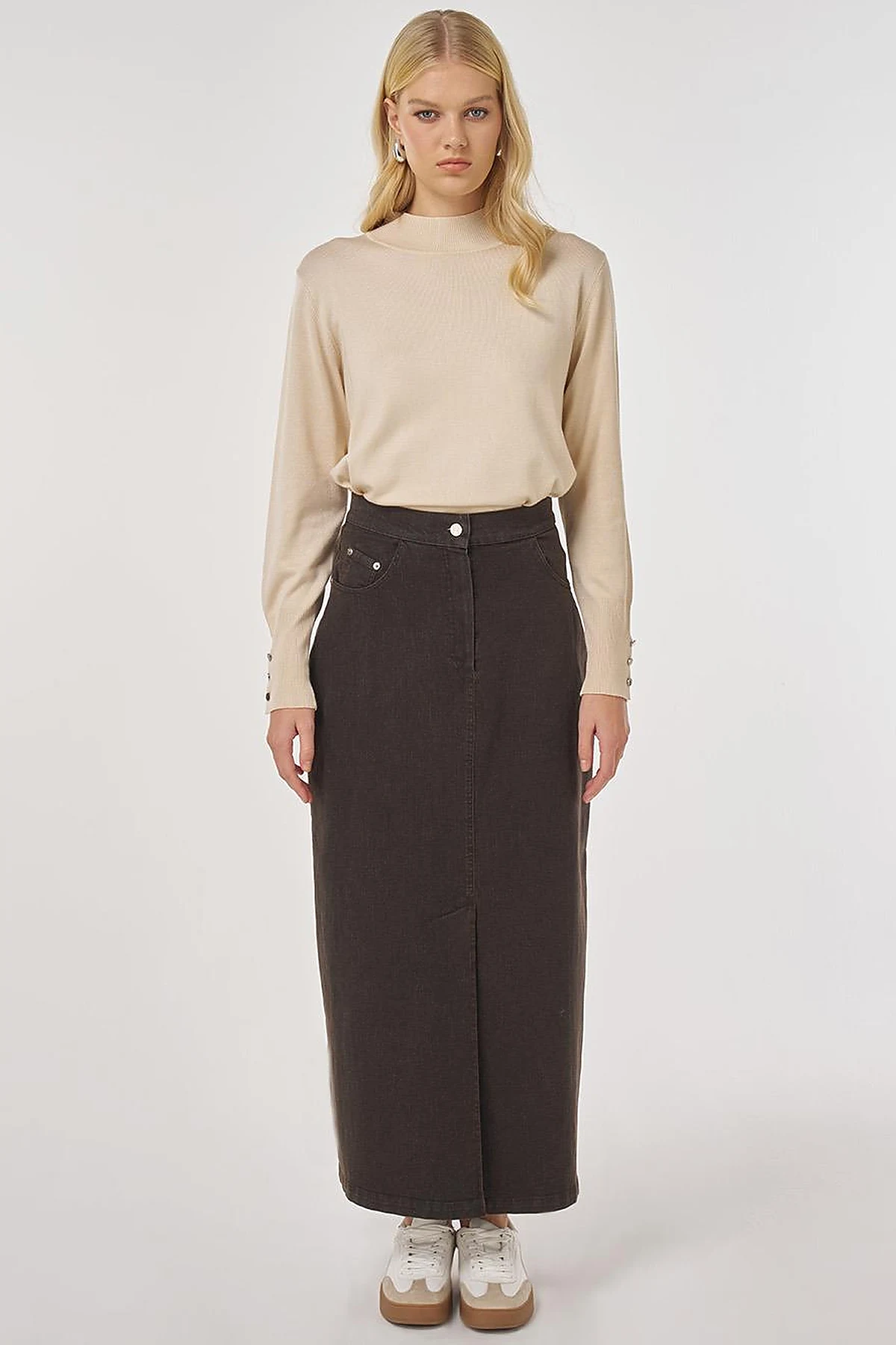 Slit Detailed Denim Skirt Dark Brown