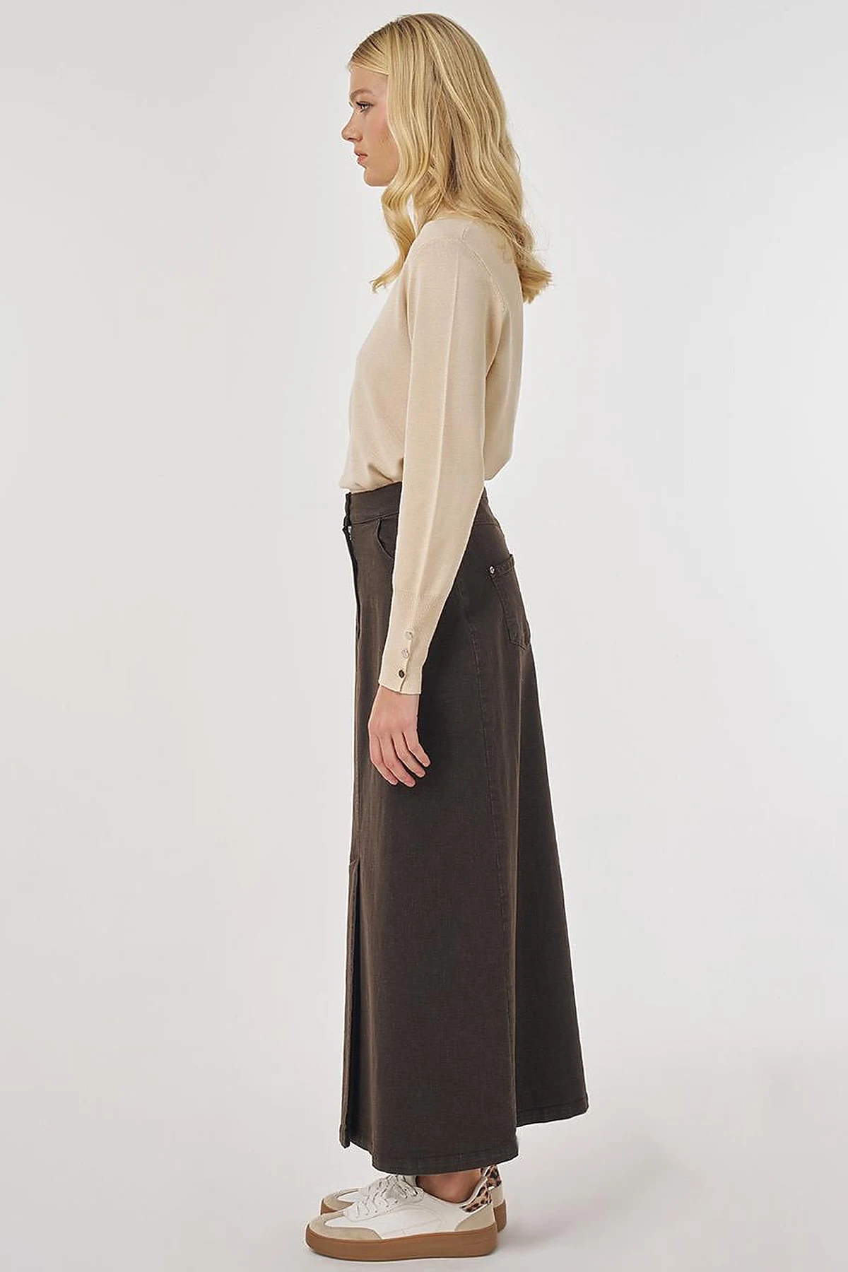 Slit Detailed Denim Skirt Dark Brown