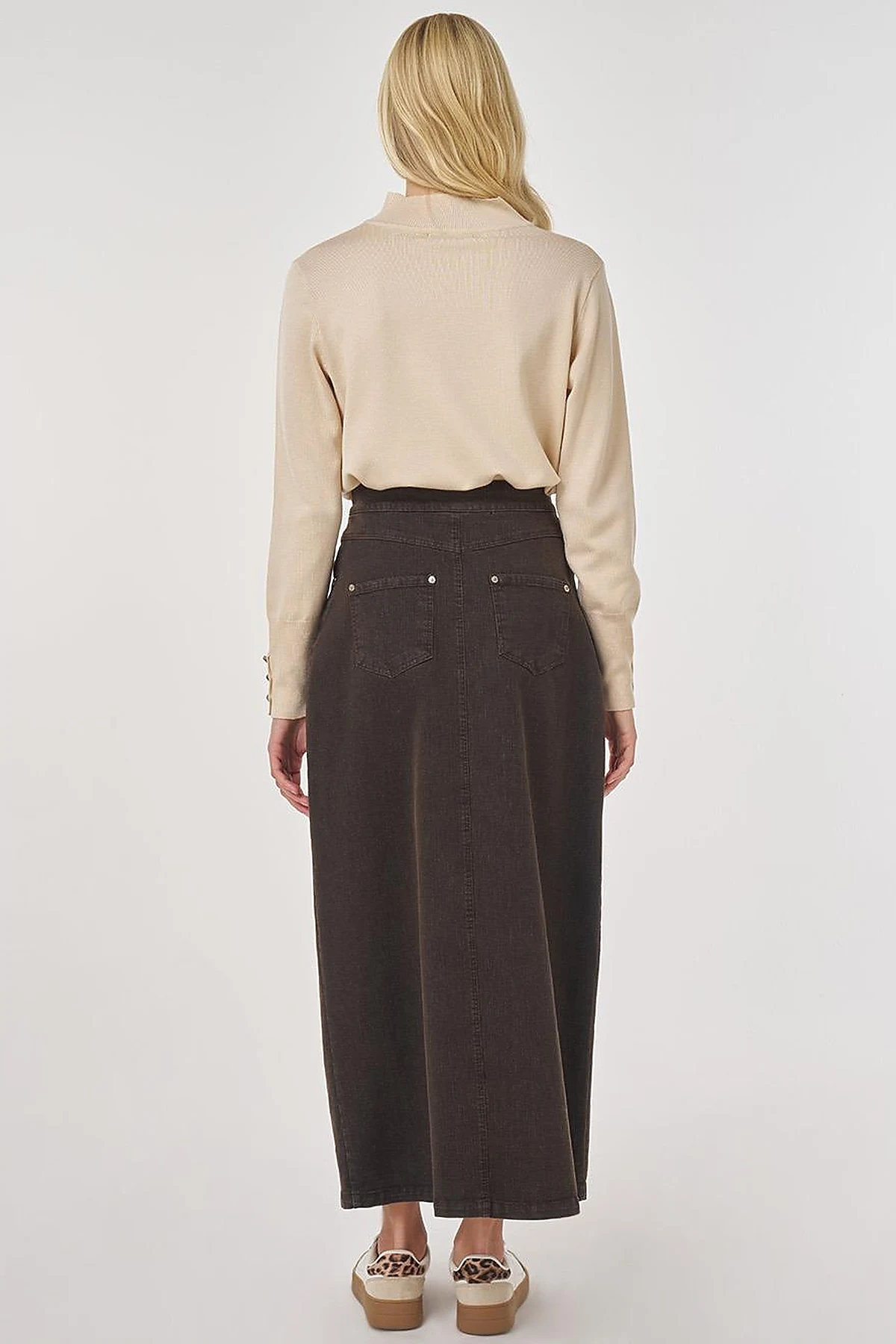 Slit Detailed Denim Skirt Dark Brown