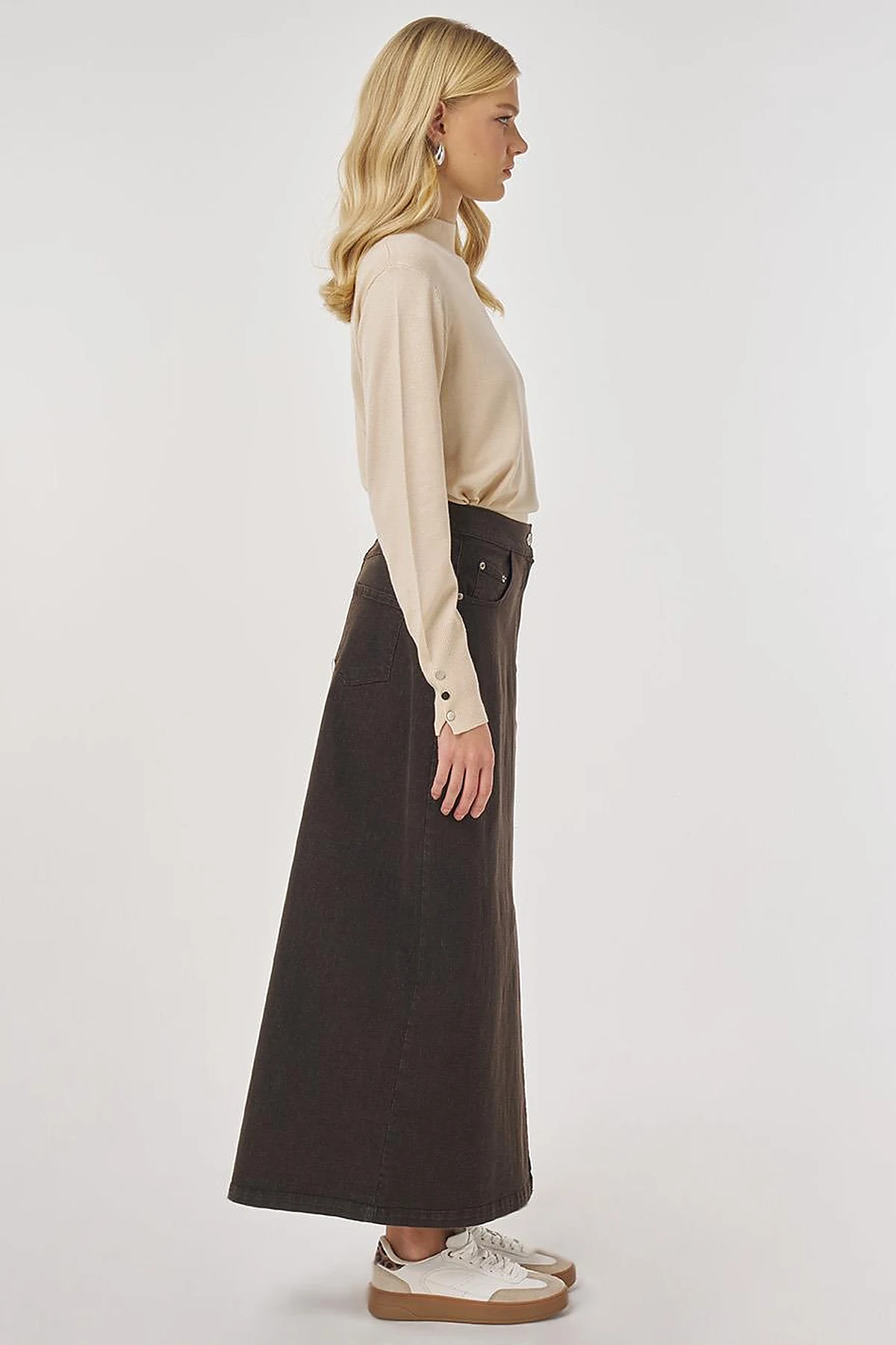 Slit Detailed Denim Skirt Dark Brown