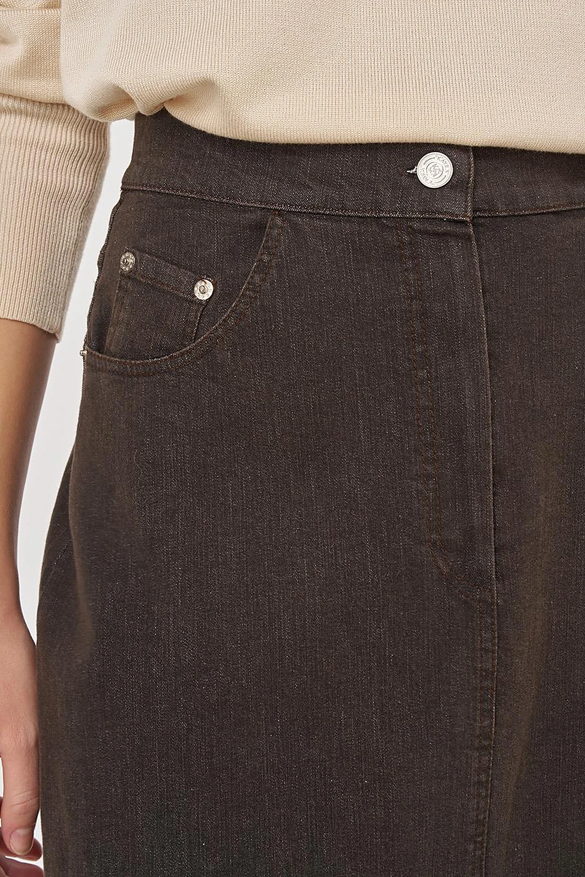Slit Detailed Denim Skirt Dark Brown