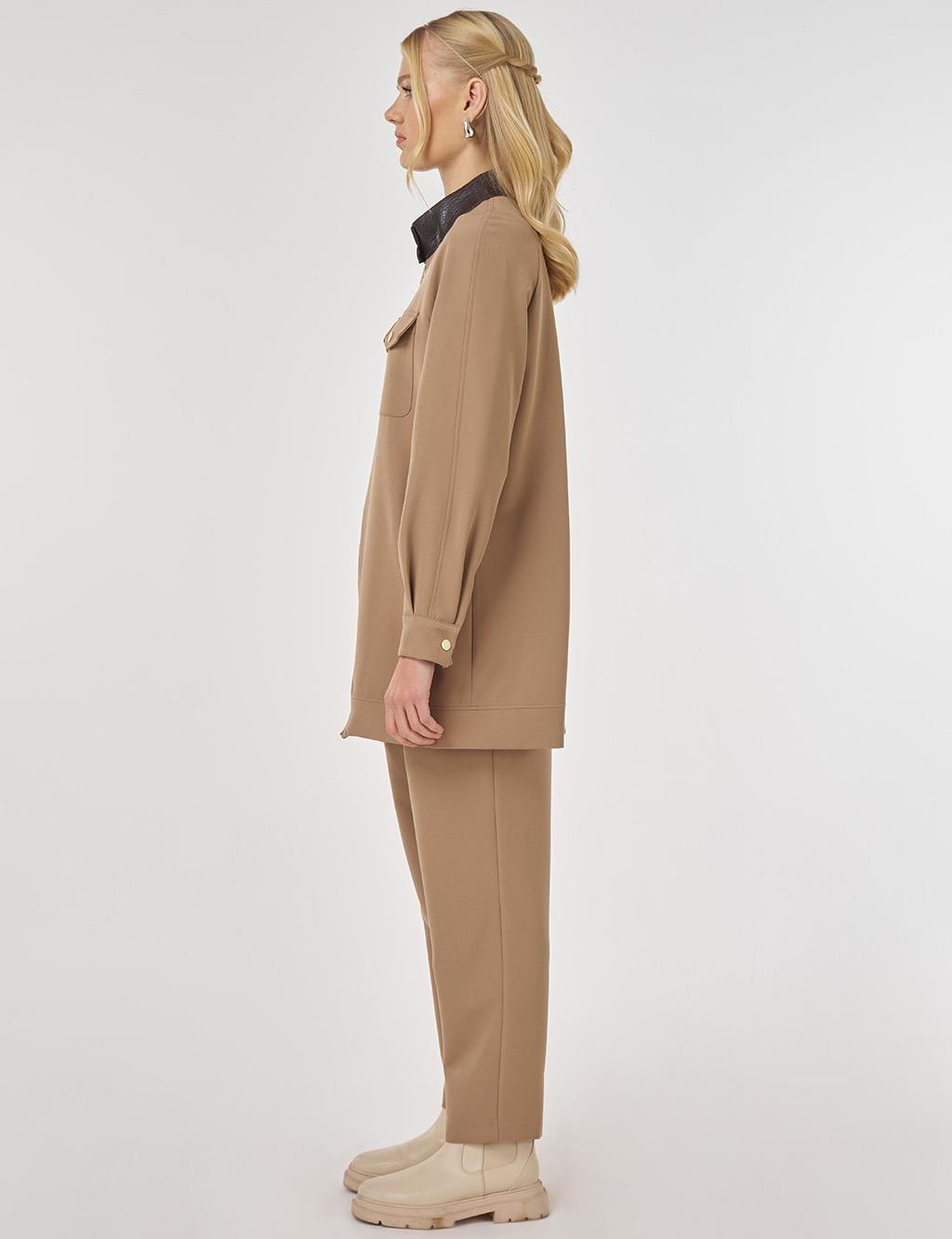 Relaxed-Fit Two-Piece Set with Faux Leather Collar in Dark Mink 