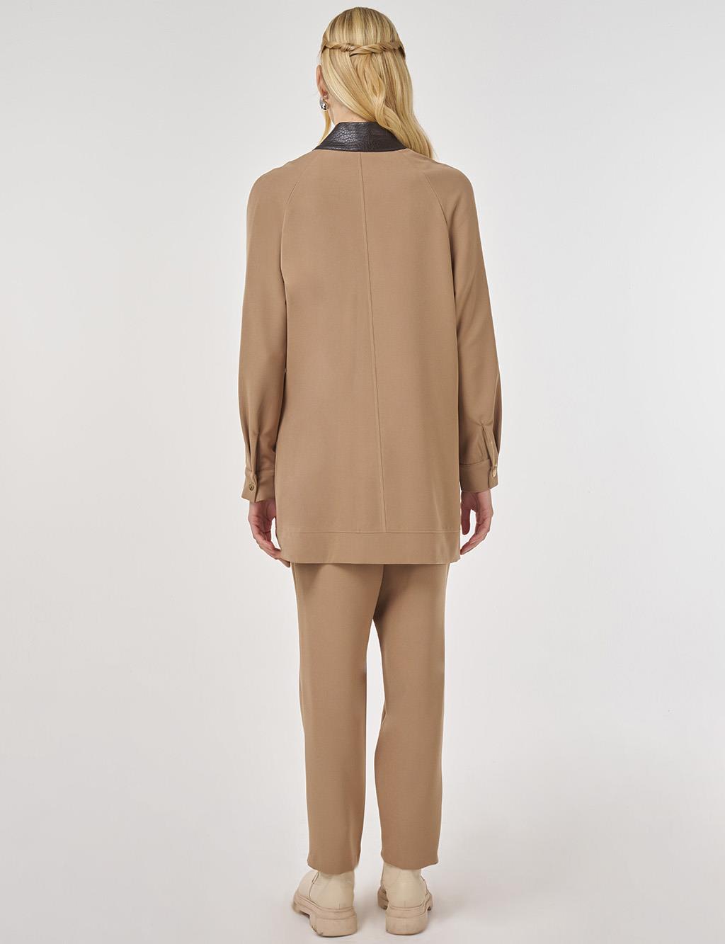 Relaxed-Fit Two-Piece Set with Faux Leather Collar in Dark Mink 