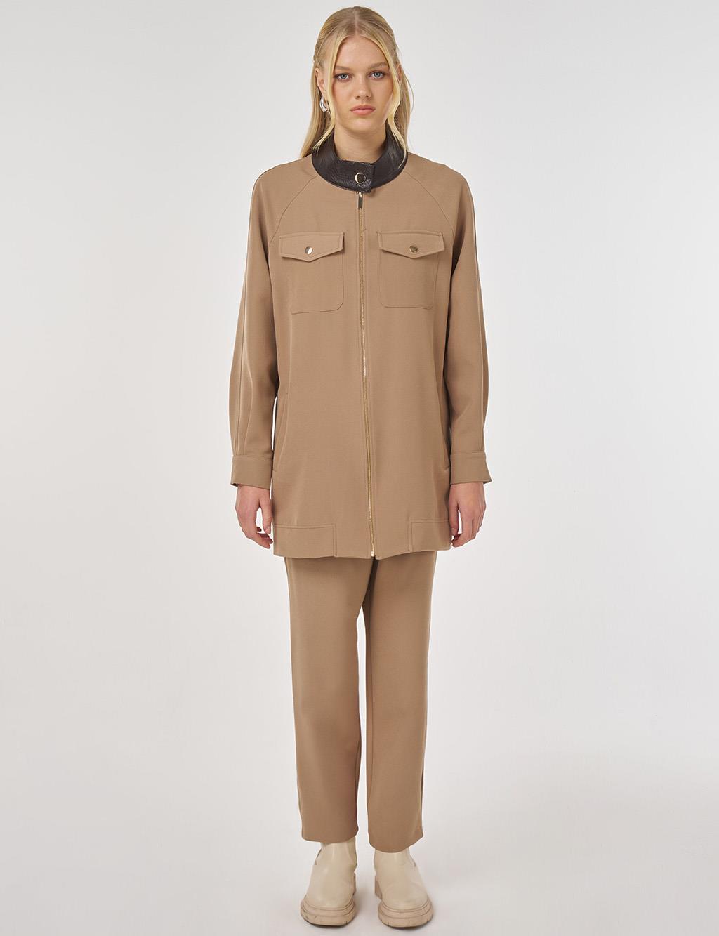 Relaxed-Fit Two-Piece Set with Faux Leather Collar in Dark Mink 