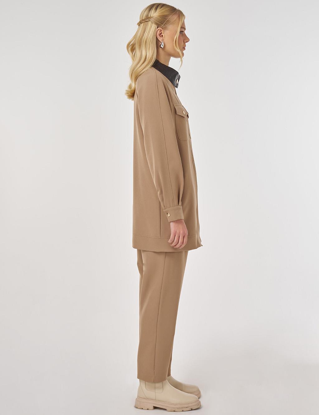 Relaxed-Fit Two-Piece Set with Faux Leather Collar in Dark Mink 