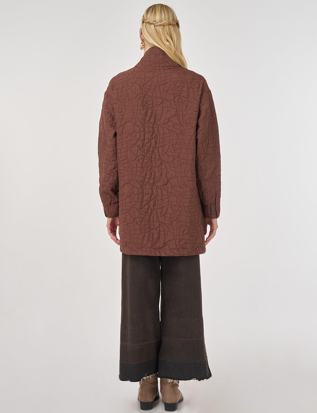 Stand-up Collar Embossed Tunic in Brown