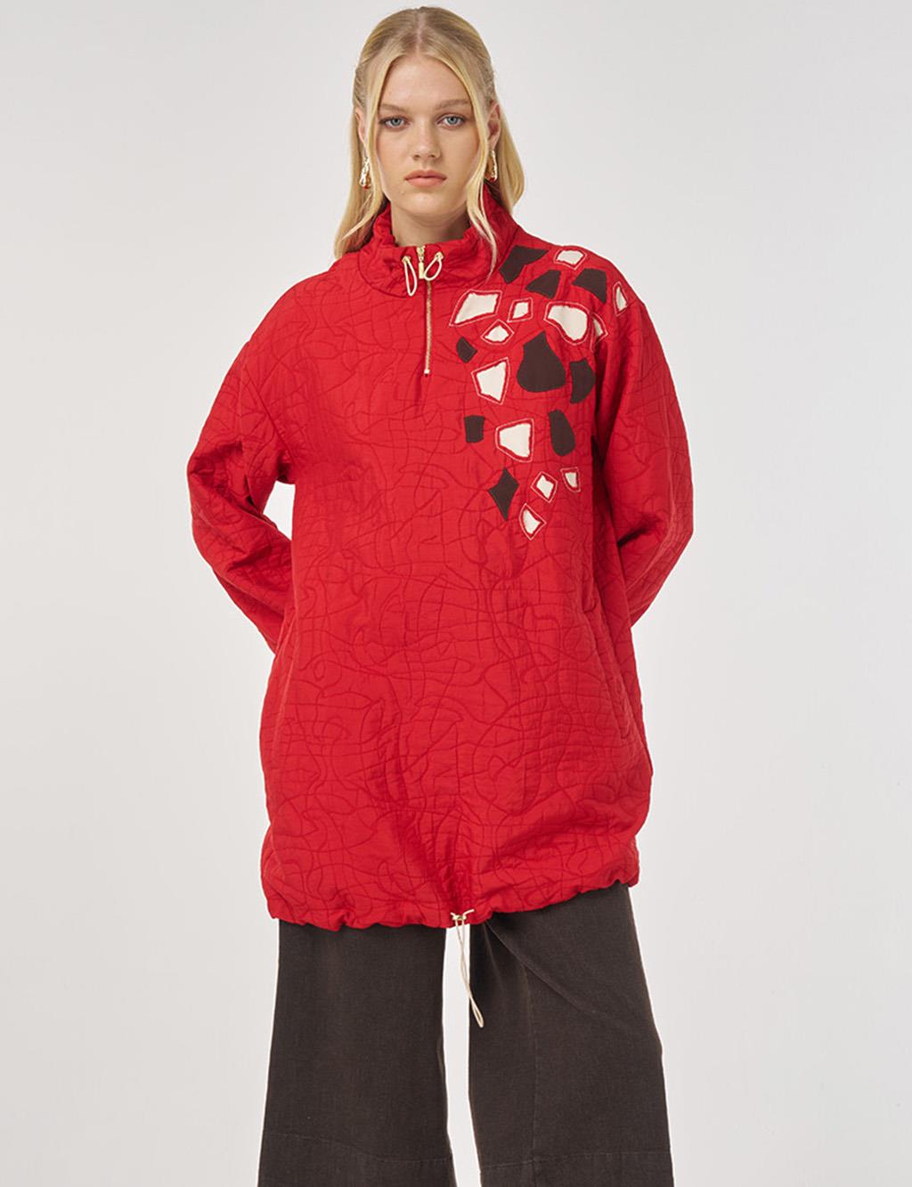 Stand Collar Textured Tunic in Red