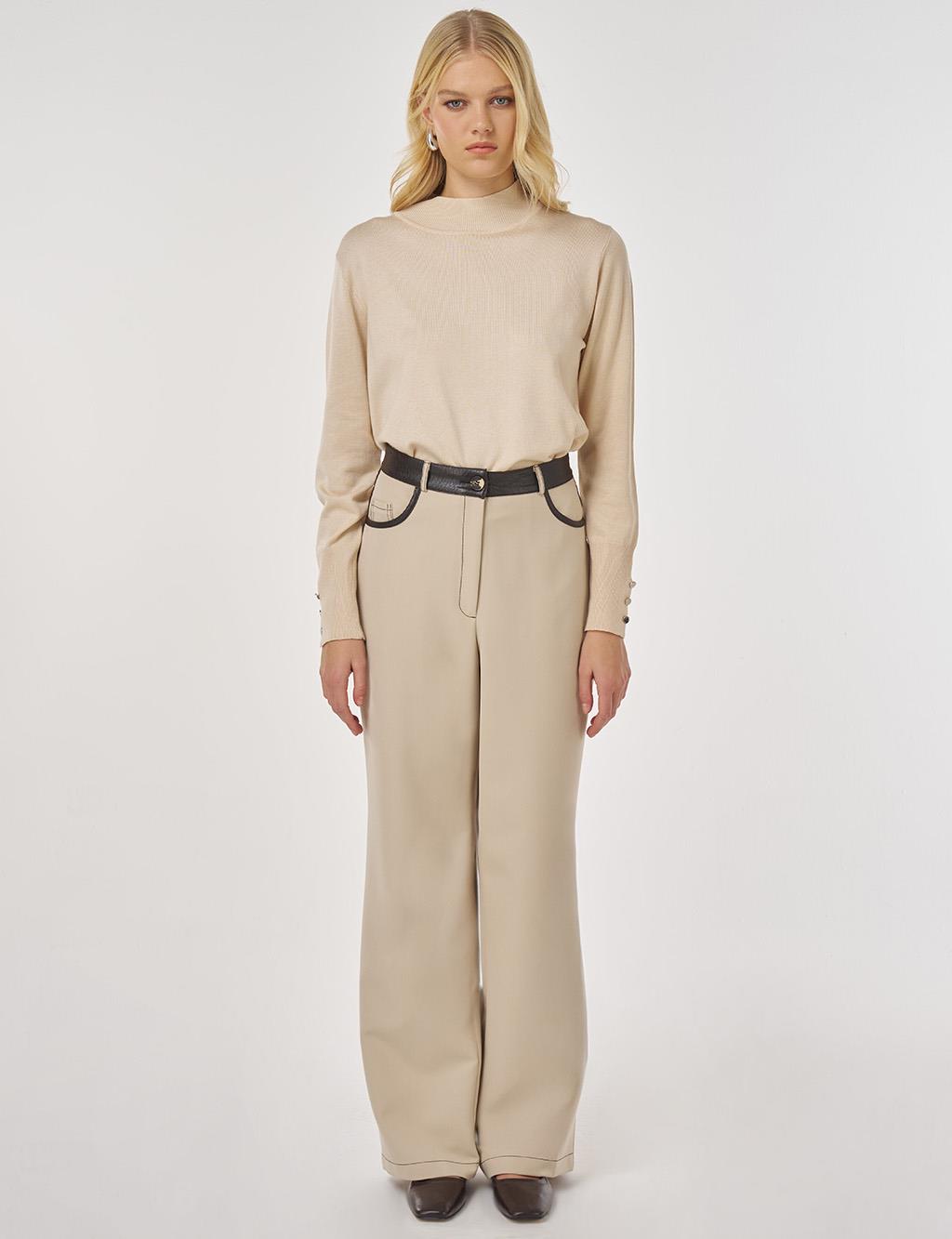 Leather-trimmed Fabric Trousers in Stone