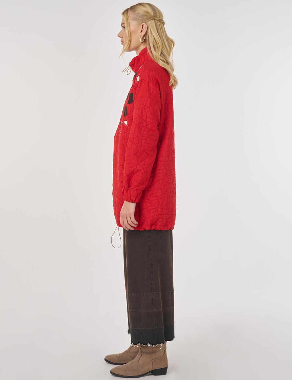 Stand Collar Textured Tunic in Red