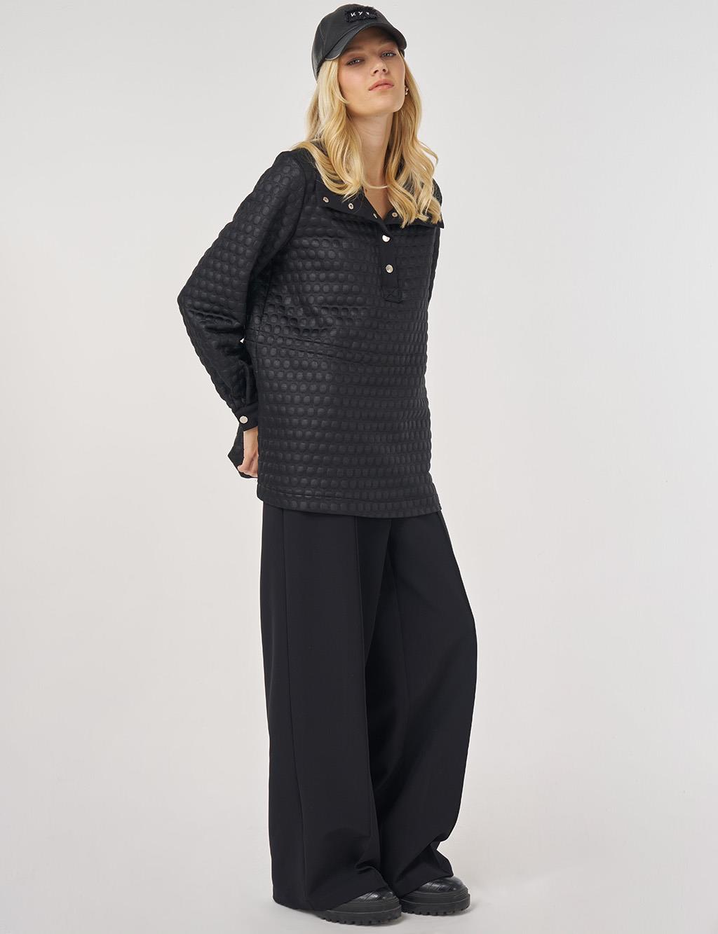 Geniş Yaka Dokulu İkili Takım Siyah 