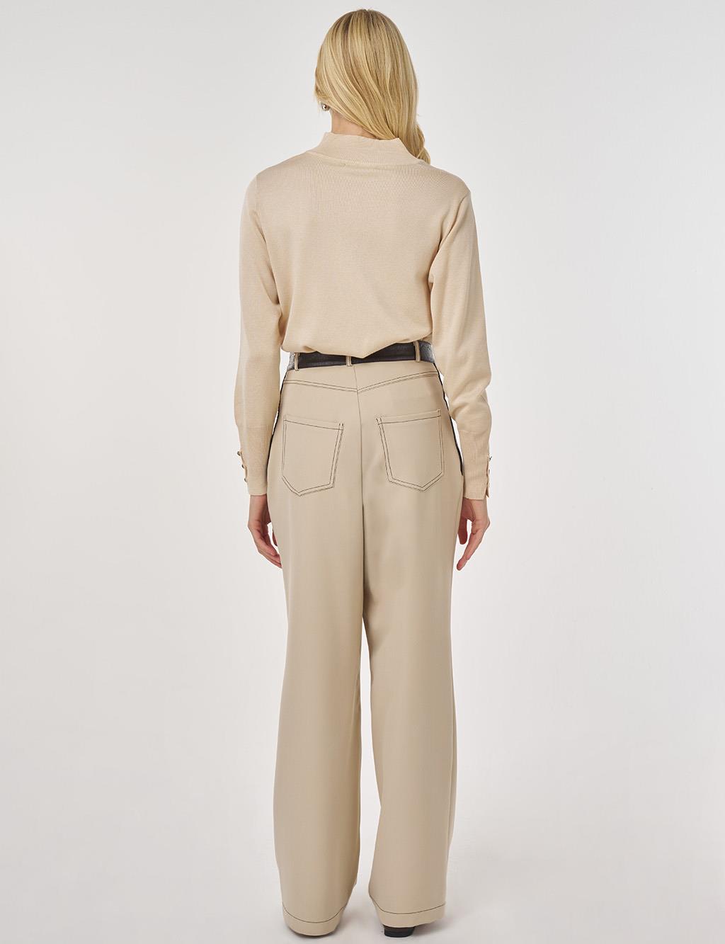 Leather-trimmed Fabric Trousers in Stone