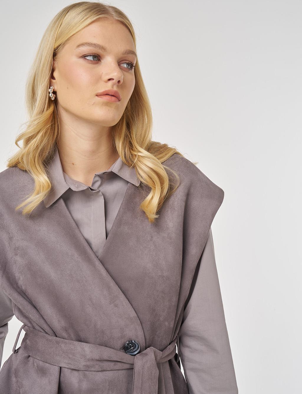 Kuşak Detaylı Süet Etekli Takım Füme 