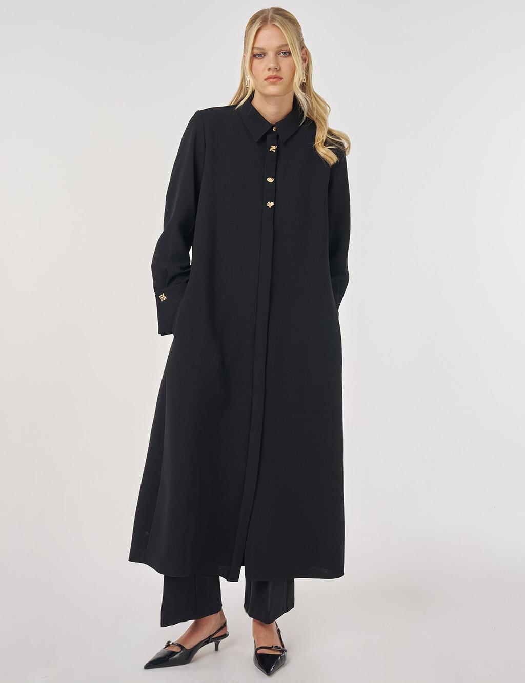 Shiny Button Long Tunic in Black