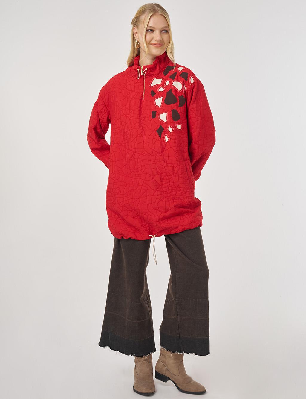 Stand Collar Textured Tunic in Red