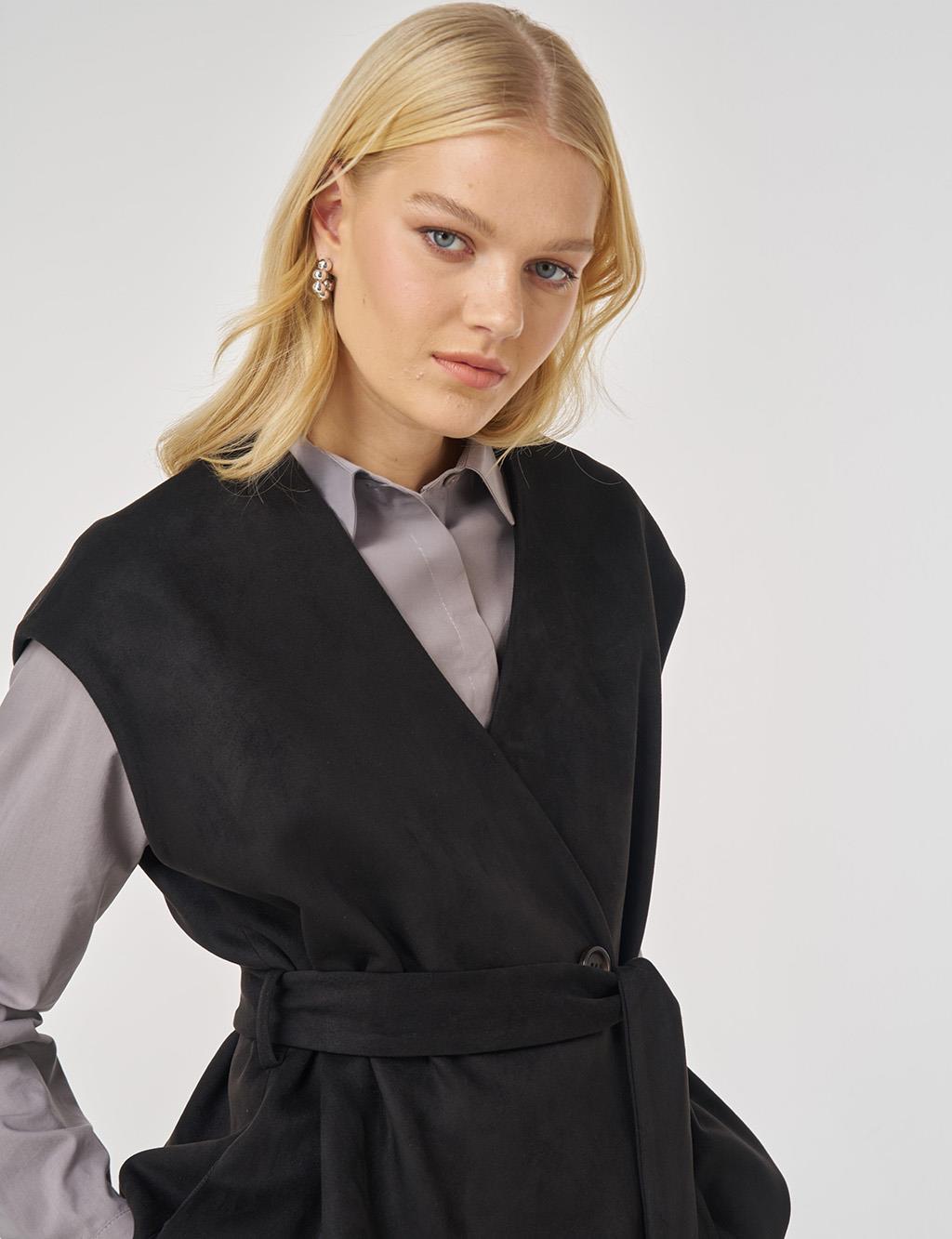 Suede Skirt Suit with Belt Detail in Black