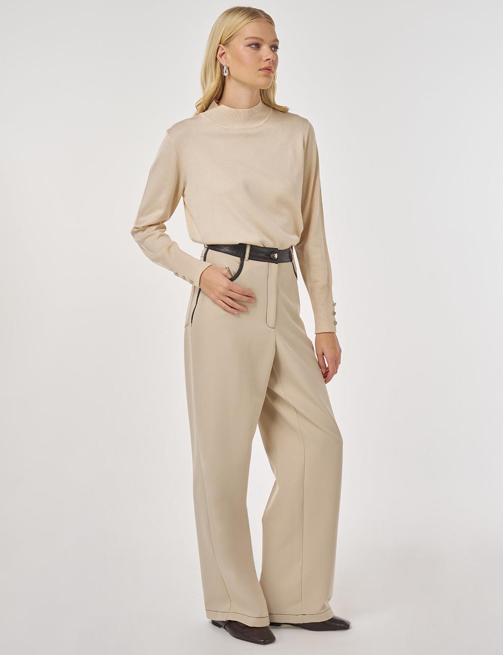 Leather-trimmed Fabric Trousers in Stone