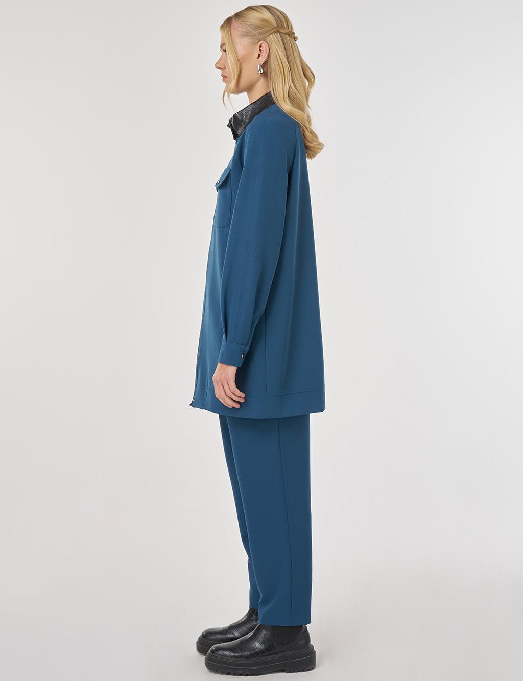 Relaxed-Fit Two-Piece Set with Faux Leather Collar in Petrol