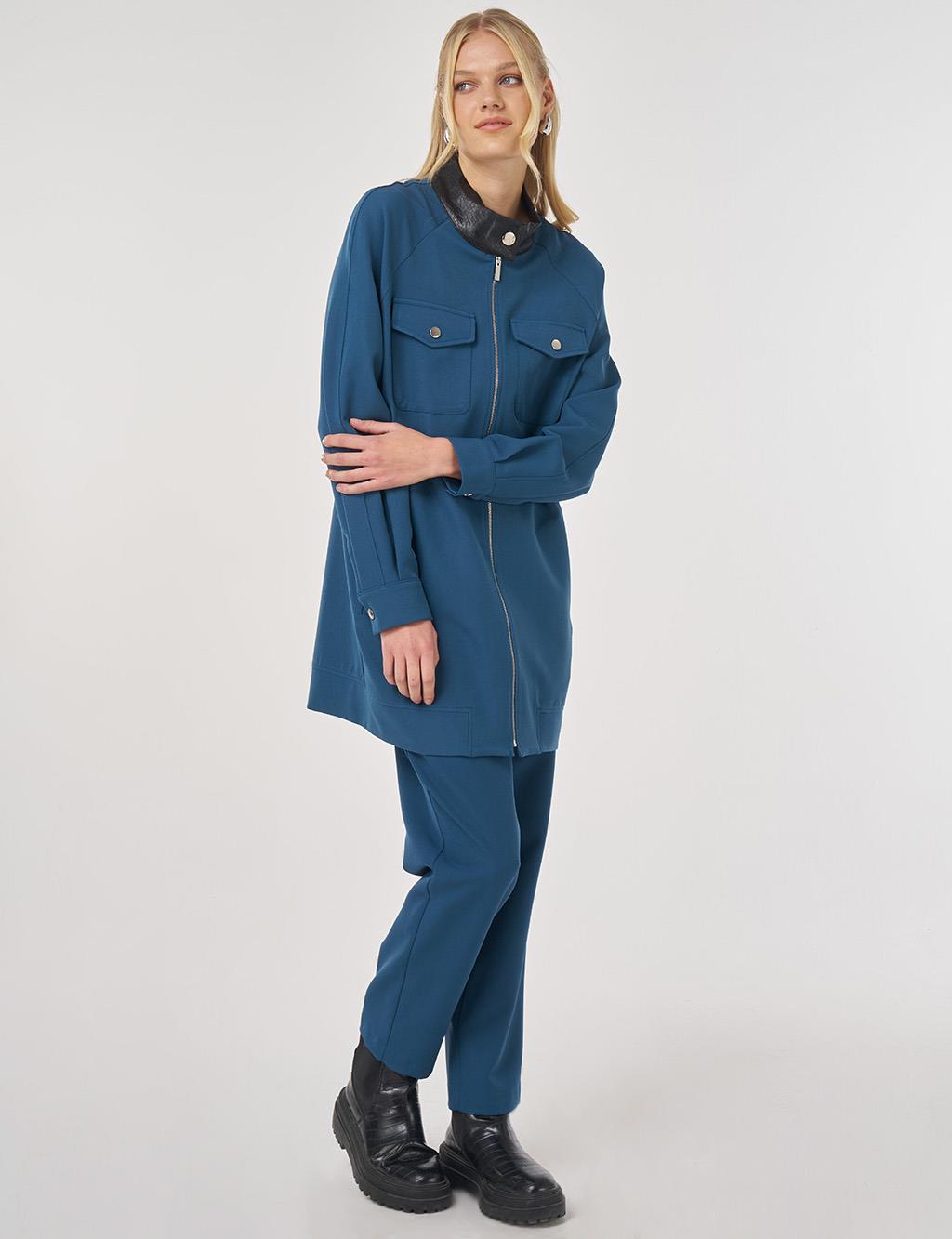 Relaxed-Fit Two-Piece Set with Faux Leather Collar in Petrol