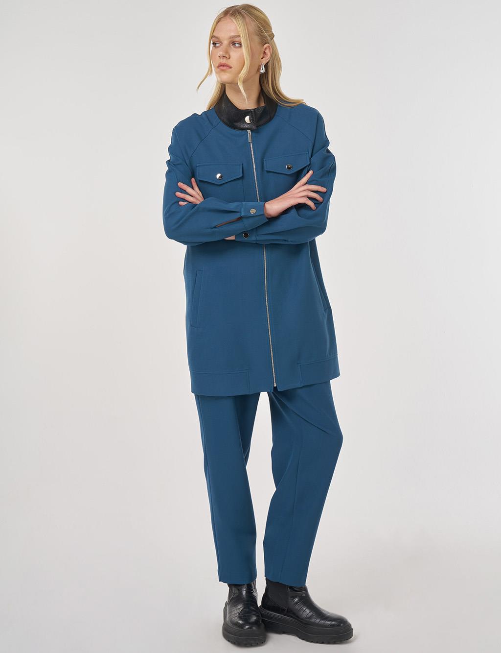 Relaxed-Fit Two-Piece Set with Faux Leather Collar in Petrol