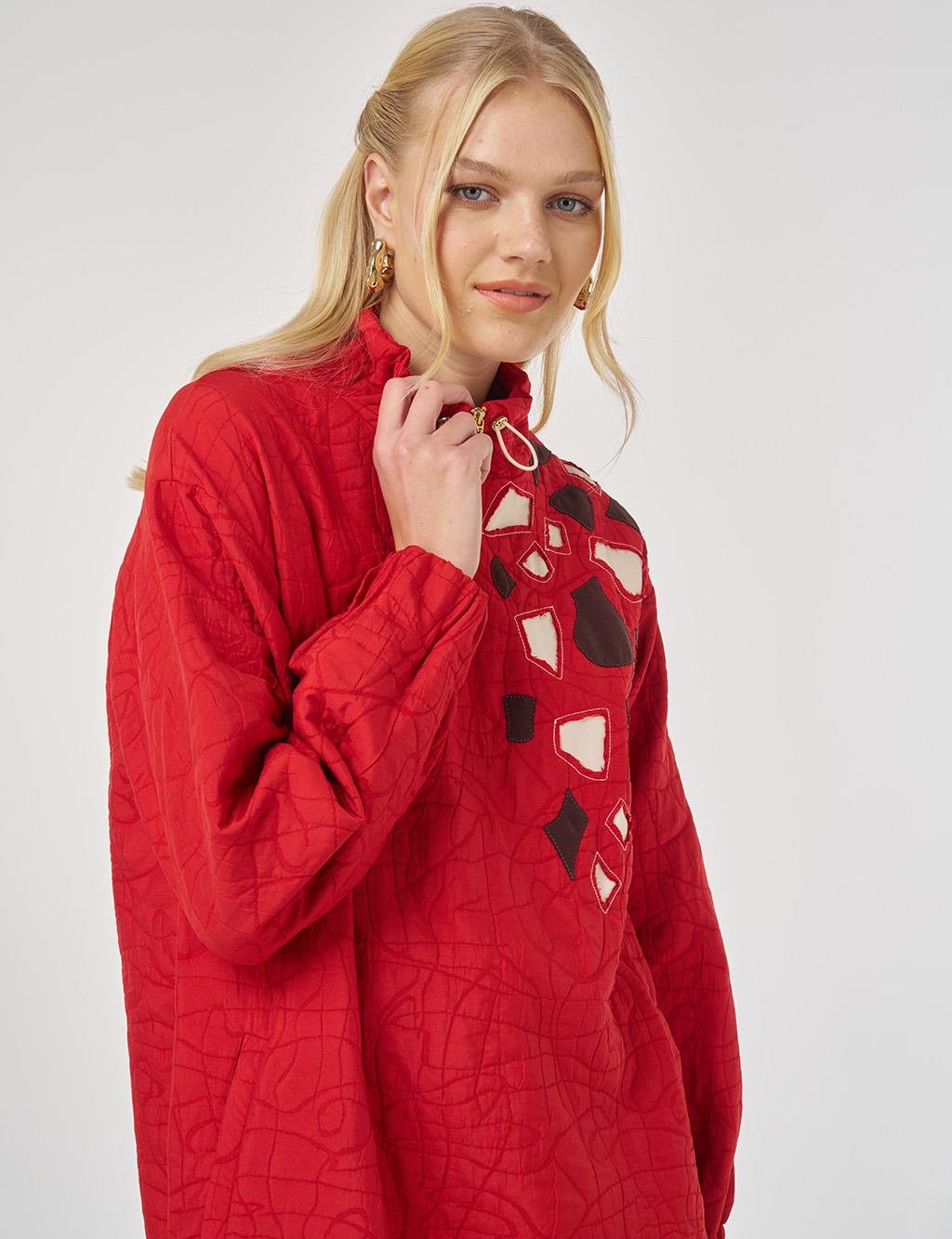 Stand Collar Textured Tunic in Red