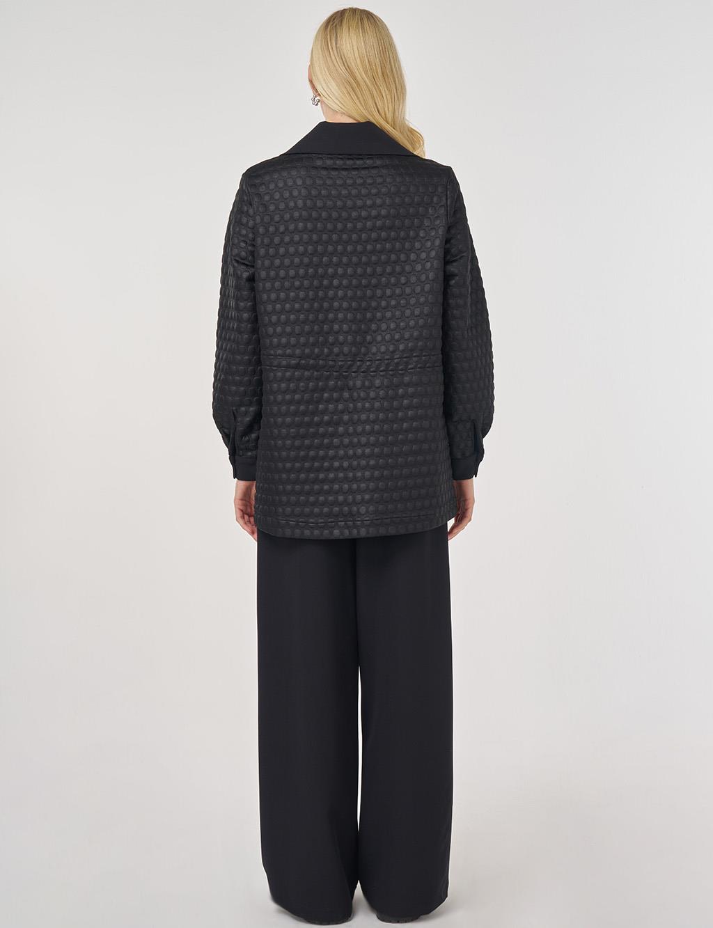 Geniş Yaka Dokulu İkili Takım Siyah 