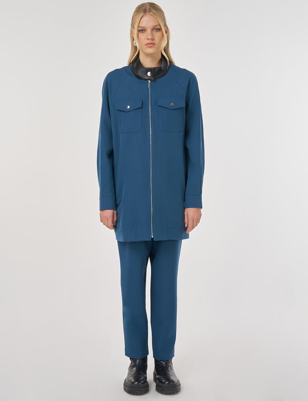 Relaxed-Fit Two-Piece Set with Faux Leather Collar in Petrol