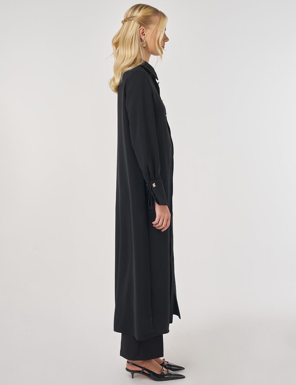 Shiny Button Long Tunic in Black