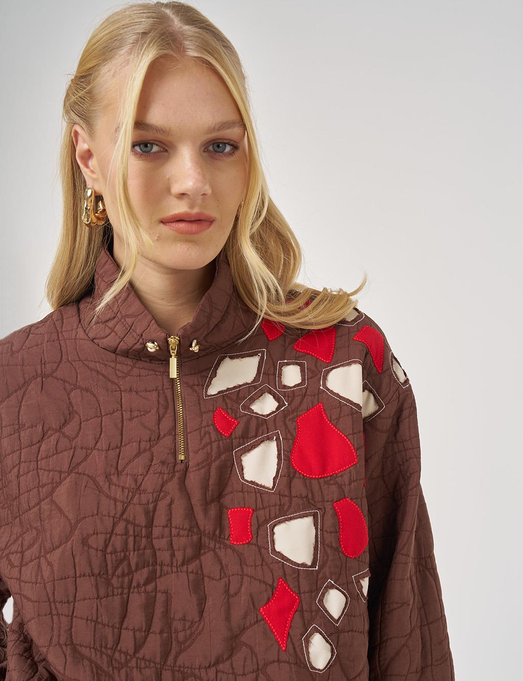 Stand-up Collar Embossed Tunic in Brown