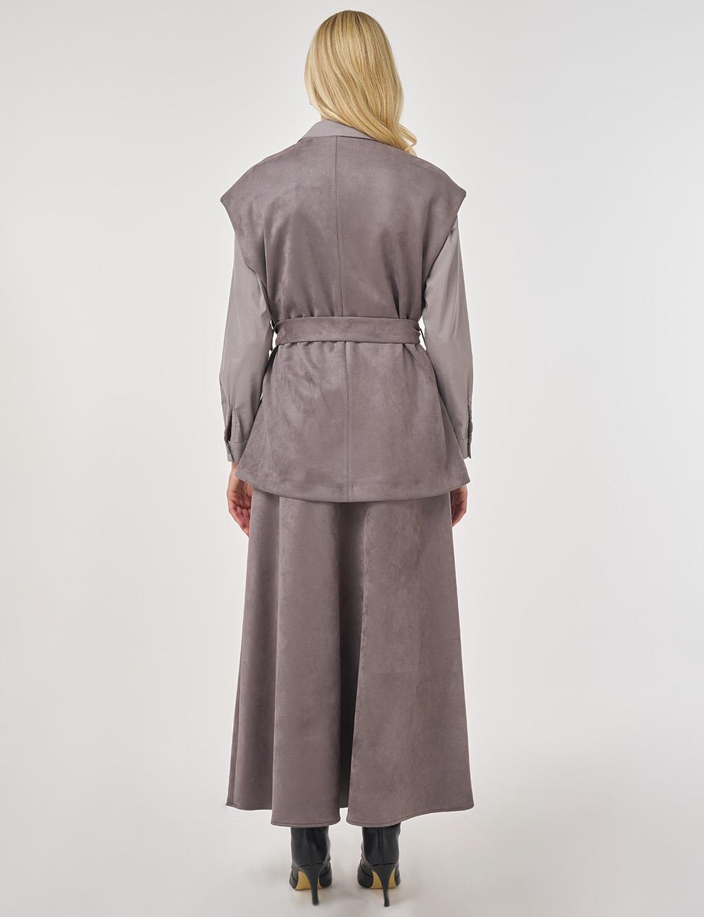 Kuşak Detaylı Süet Etekli Takım Füme 